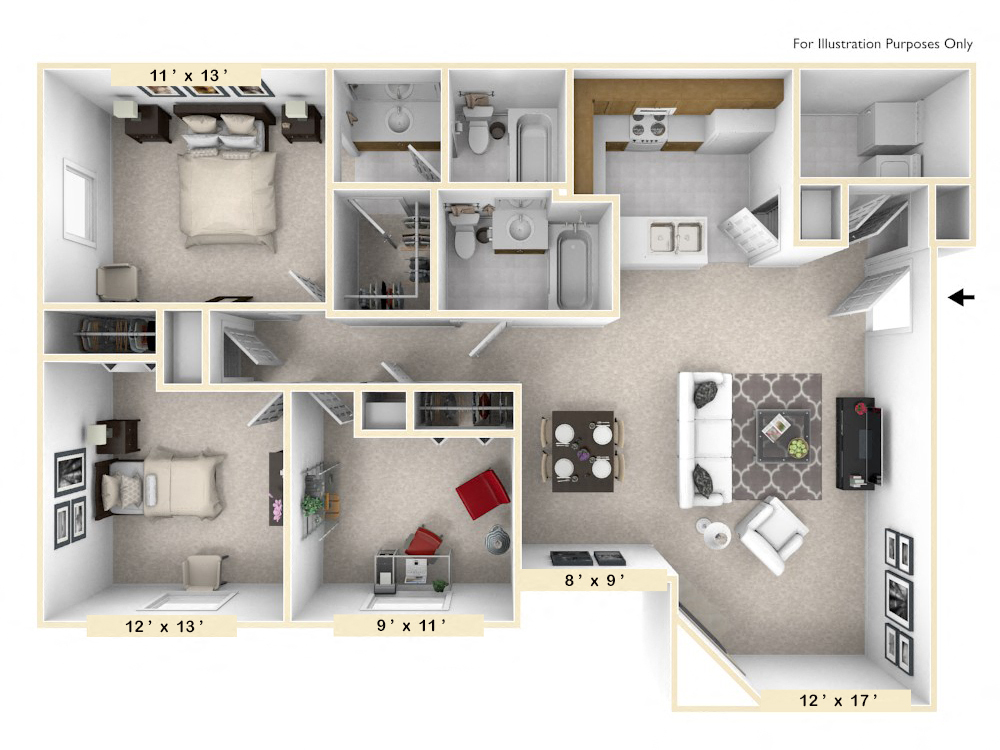 Floor plan for 3 beds, 2 baths, 1250 sqft